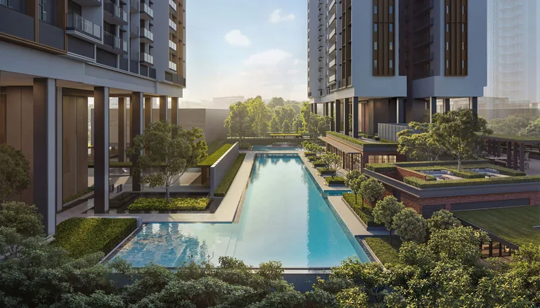Hudson Place Residences, artist&rsquo;s impression: the 50-metre main pool by day, running between the two towers past planted roof terraces, with the lifted blocks on either side