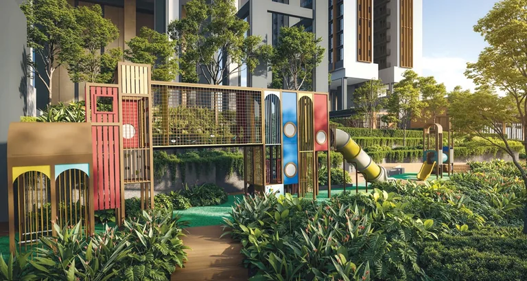 Hudson Place Residences, artist&rsquo;s impression: the adventure playground in Hudson Linear Park, a climbing frame and slide in red, blue and gold among dense planting