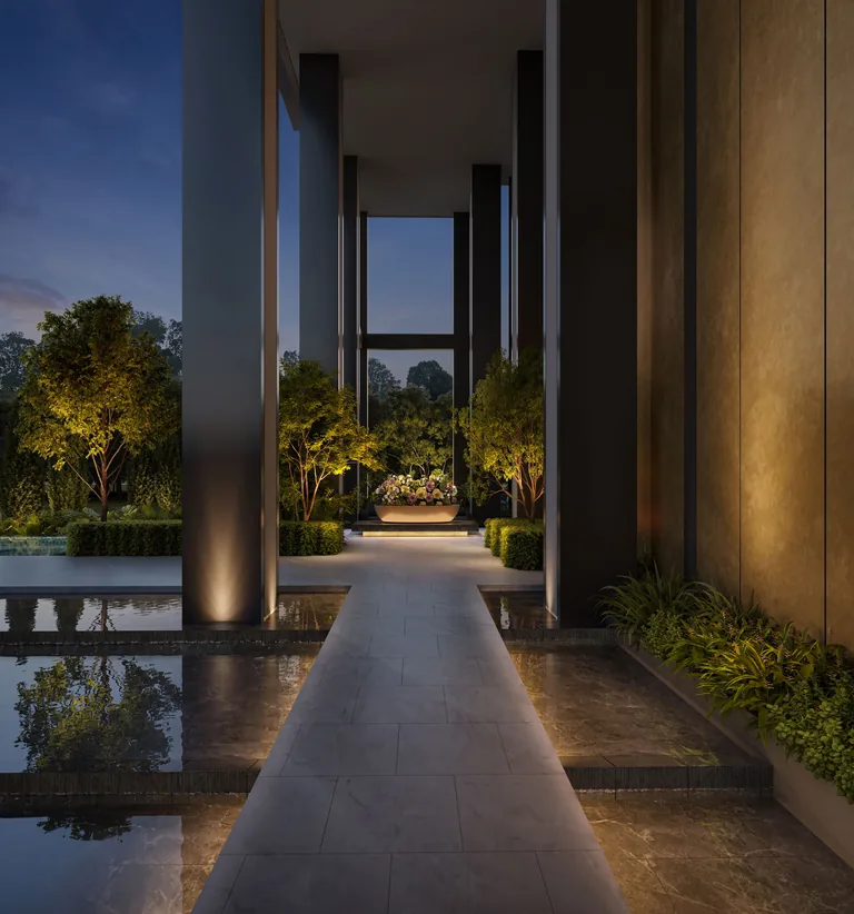 Hudson Place Residences, artist’s impression: the arrival walkway at dusk, a lit stone path between tall columns and still water leading to the garden