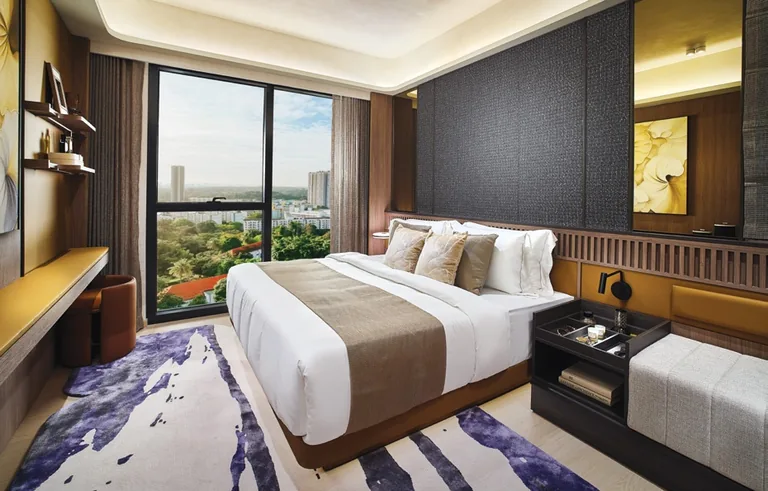 Hudson Place Residences, artist&rsquo;s impression: a bedroom with a wide bed, a dark padded headboard wall and a full-height window over the greenery