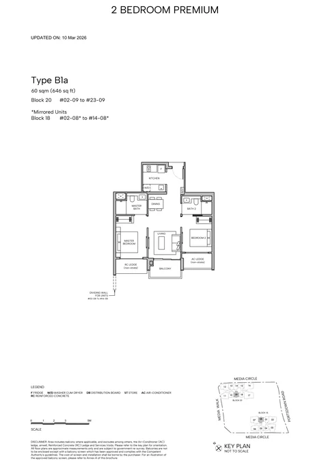 Hudson Place Residences floor plan, Type B1a (2-Bedroom Premium): 2 bedrooms, 60 sq m (646 sq ft), 35 homes, Block 20, stack 09, 2nd to 23rd storey; Block 18, stack 08 (mirrored), 2nd to 14th (developer drawing with key plan)
