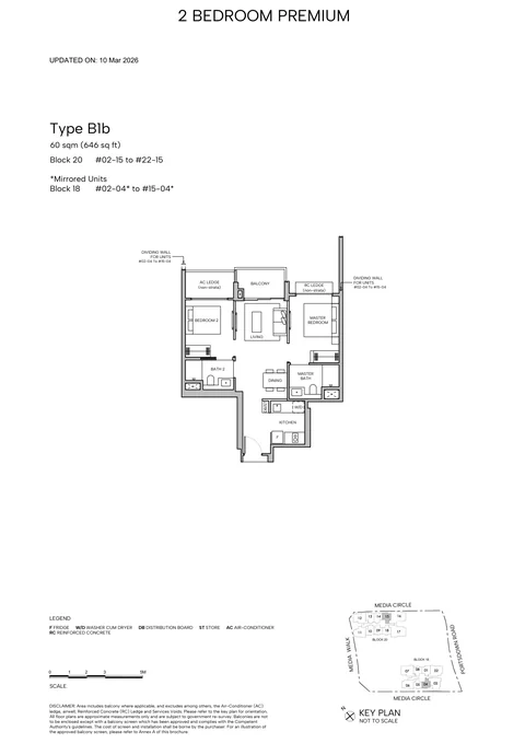 Hudson Place Residences floor plan, Type B1b (2-Bedroom Premium): 2 bedrooms, 60 sq m (646 sq ft), 35 homes, Block 20, stack 15, 2nd to 22nd storey; Block 18, stack 04 (mirrored), 2nd to 15th (developer drawing with key plan)