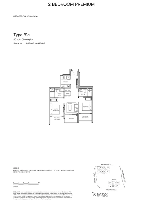 Hudson Place Residences floor plan, Type B1c (2-Bedroom Premium): 2 bedrooms, 60 sq m (646 sq ft), 14 homes, Block 18, stack 05, 2nd to 15th storey (developer drawing with key plan)