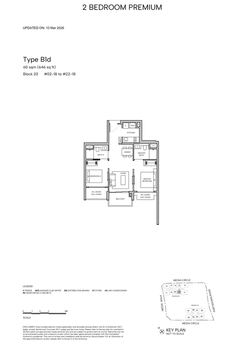 Hudson Place Residences floor plan, Type B1d (2-Bedroom Premium): 2 bedrooms, 60 sq m (646 sq ft), 21 homes, Block 20, stack 18, 2nd to 22nd storey (developer drawing with key plan)