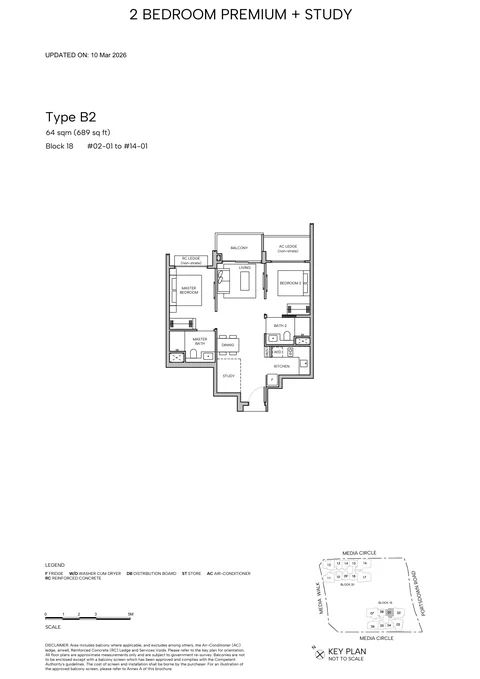 Hudson Place Residences floor plan, Type B2 (2-Bedroom Premium + Study): 2 bedrooms + study, 64 sq m (689 sq ft), 13 homes, Block 18, stack 01, 2nd to 14th storey (developer drawing with key plan)