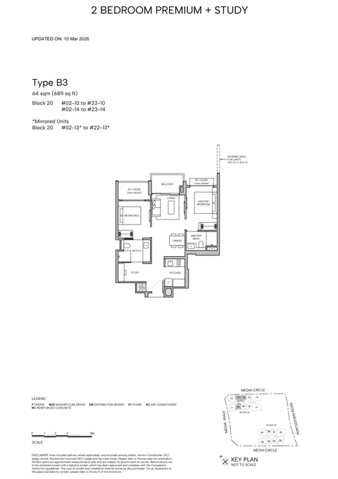 Hudson Place Residences floor plan, Type B3 (2-Bedroom Premium + Study): 2 bedrooms + study, 64 sq m (689 sq ft), 65 homes, Block 20, stacks 10 and 14, 2nd to 23rd storey; stack 13 (mirrored), 2nd to 22nd (developer drawing with key plan)