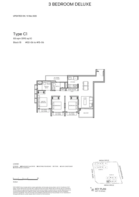 Hudson Place Residences floor plan, Type C1 (3-Bedroom Deluxe): 3 bedrooms, 83 sq m (893 sq ft), 14 homes, Block 18, stack 06, 2nd to 15th storey (developer drawing with key plan)