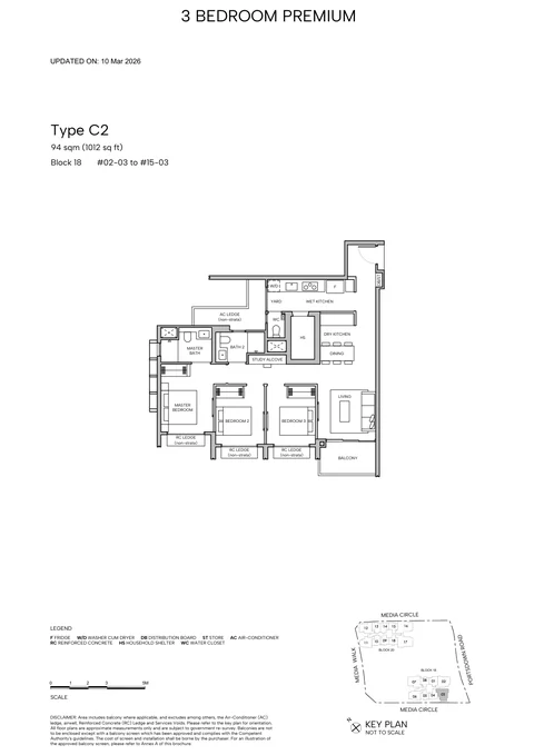 Hudson Place Residences floor plan, Type C2 (3-Bedroom Premium): 3 bedrooms, 94 sq m (1,012 sq ft), 14 homes, Block 18, stack 03, 2nd to 15th storey (developer drawing with key plan)