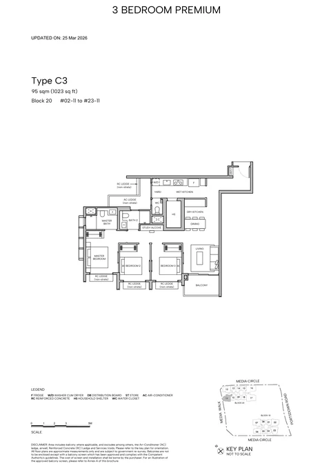 Hudson Place Residences floor plan, Type C3 (3-Bedroom Premium): 3 bedrooms, 95 sq m (1,023 sq ft), 22 homes, Block 20, stack 11, 2nd to 23rd storey (developer drawing with key plan)