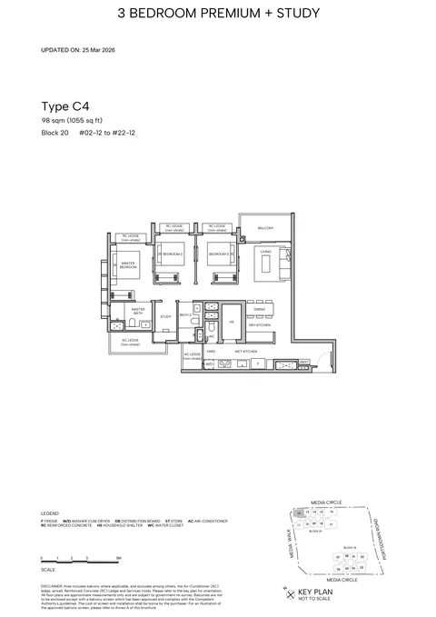 Hudson Place Residences floor plan, Type C4 (3-Bedroom Premium + Study): 3 bedrooms + study, 98 sq m (1,055 sq ft), 21 homes, Block 20, stack 12, 2nd to 22nd storey (developer drawing with key plan)