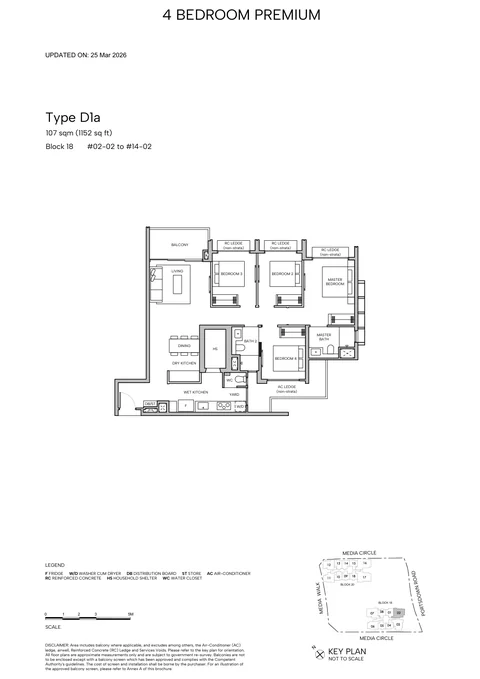 Hudson Place Residences floor plan, Type D1a (4-Bedroom Premium): 4 bedrooms, 107 sq m (1,152 sq ft), 13 homes, Block 18, stack 02, 2nd to 14th storey (developer drawing with key plan)