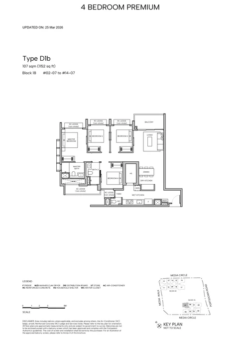 Hudson Place Residences floor plan, Type D1b (4-Bedroom Premium): 4 bedrooms, 107 sq m (1,152 sq ft), 13 homes, Block 18, stack 07, 2nd to 14th storey (developer drawing with key plan)