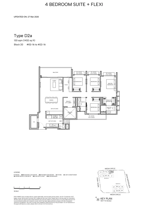 Hudson Place Residences floor plan, Type D2a (4-Bedroom Suite + Flexi): 4 bedrooms + flexi, 133 sq m (1,432 sq ft), 21 homes, Block 20, stack 16, 2nd to 22nd storey; private lift lobby (developer drawing with key plan)