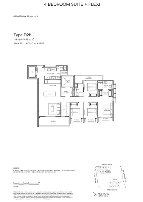 Hudson Place Residences floor plan, Type D2b (4-Bedroom Suite + Flexi): 4 bedrooms + flexi, 133 sq m (1,432 sq ft), 21 homes, Block 20, stack 17, 2nd to 22nd storey; private lift lobby (developer drawing with key plan)
