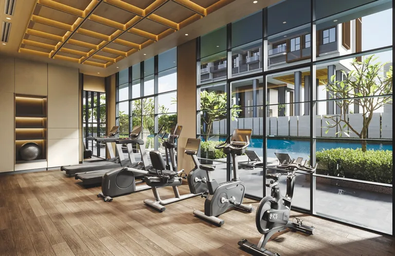 Hudson Place Residences, artist&rsquo;s impression: the gym under a coffered timber ceiling, treadmills and cycles facing a full-height glass wall over the pool