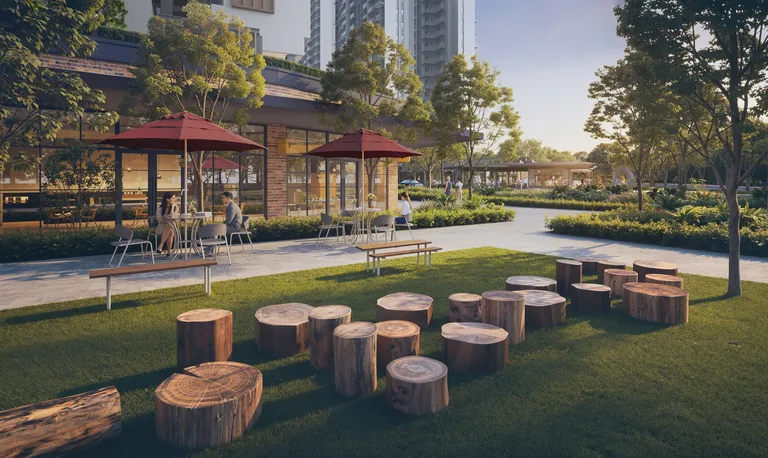 Hudson Place Residences, artist&rsquo;s impression: Hudson Plaza by day, an open lawn with timber stump seats and tables under red umbrellas beside the shops