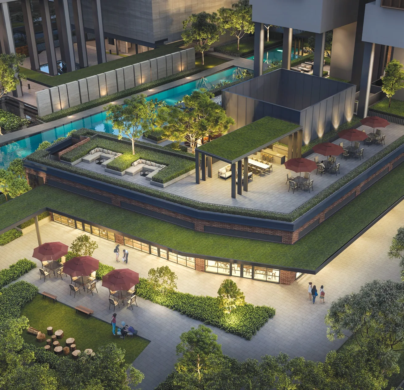 Hudson Place Residences, artist’s impression: Hudson Terrace on the upper first storey from above at dusk, umbrella tables, lounges and planted roofs over the plaza lawn below