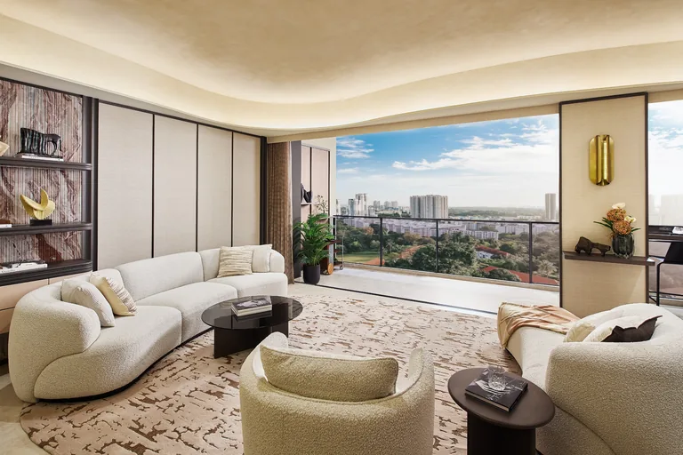 Hudson Place Residences, artist&rsquo;s impression: a living room with curved ivory sofas and a wide opening to the balcony and the greenery of one-north