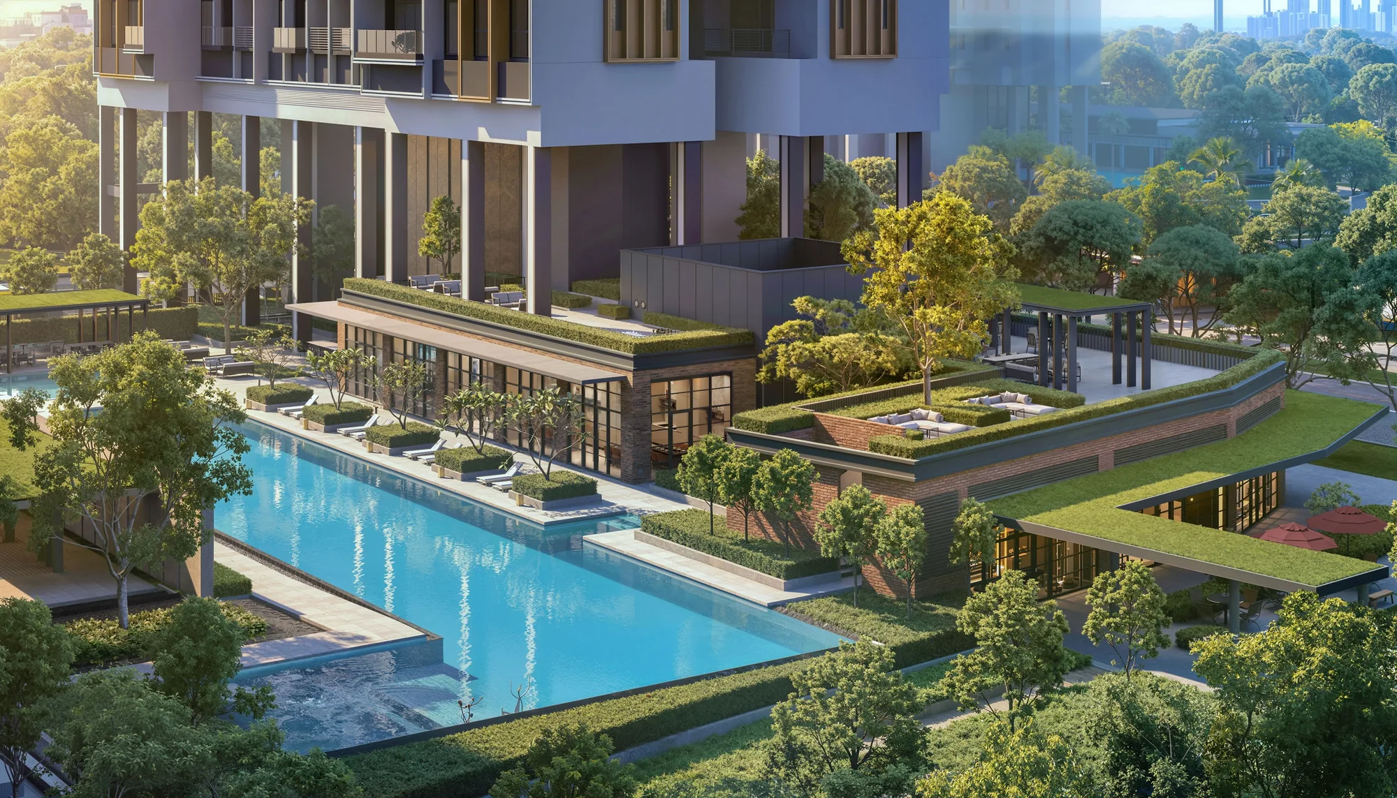 Hudson Place Residences, artist&rsquo;s impression: the landscape deck from above by day, the pool edged with sun loungers and the planted roofs of the clubhouse pavilions