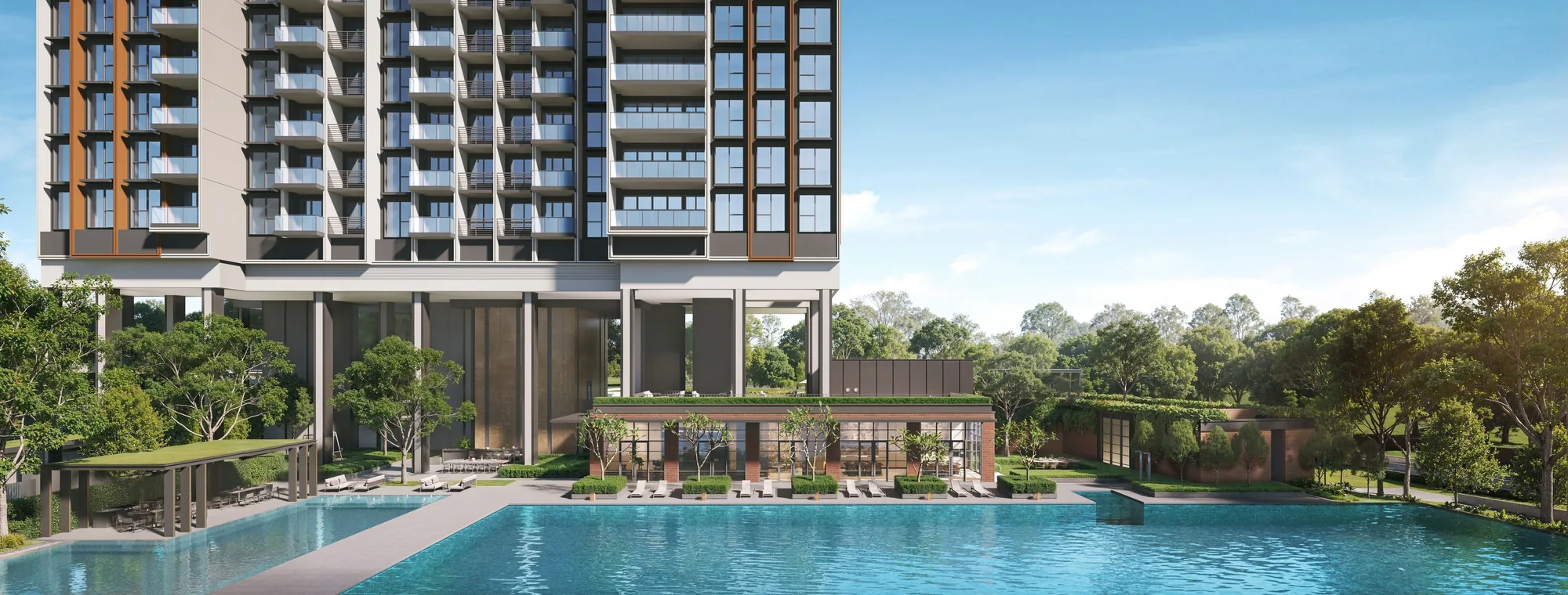 Hudson Place Residences, artist&rsquo;s impression: a wide view of the main pool by day, with the towers rising behind the trees and the pool pavilions