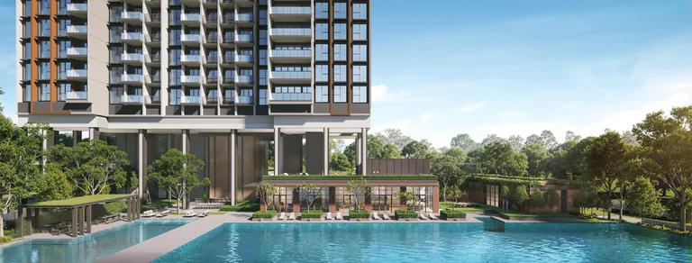 Hudson Place Residences, artist&rsquo;s impression: a wide view of the main pool by day, with the towers rising behind the trees and the pool pavilions