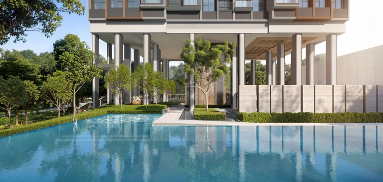 Hudson Place Residences, artist&rsquo;s impression: the pool beside the open first storey beneath a lifted block, the columns and planting reflected in the water