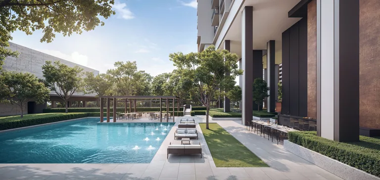 Hudson Place Residences, artist&rsquo;s impression: the social pool on a bright day, its bubble jets and loungers in front of a timber pavilion and the tower