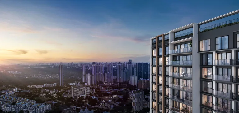 Hudson Place Residences, artist’s impression: an upper part of a tower at dusk, its balconies looking out over the low-rise homes and trees towards the city skyline