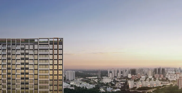 Hudson Place Residences, artist&rsquo;s impression: a tower at sunset beside a wide view over the treetops and the blocks of Queenstown