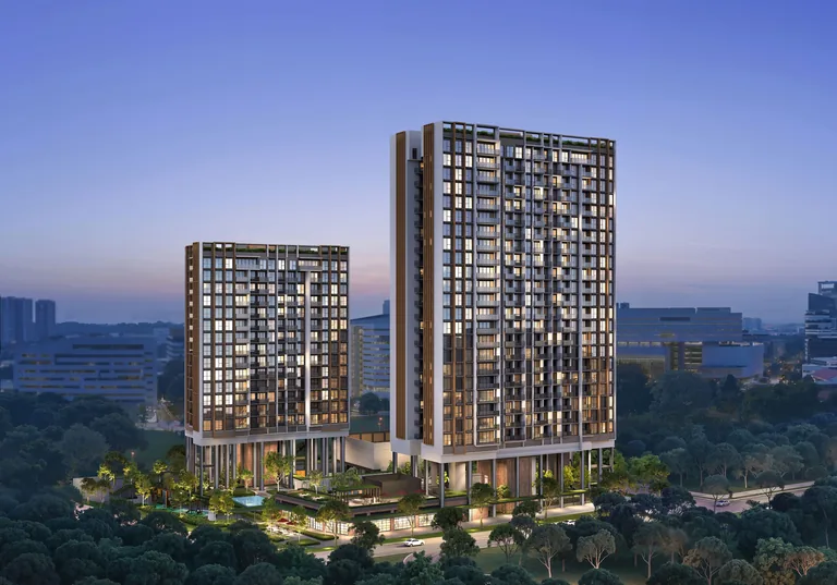 Hudson Place Residences, artist&rsquo;s impression: the two residential towers at dusk, the 23-storey Block 20 and the 15-storey Block 18, raised above a lit landscape deck among the trees of one-north